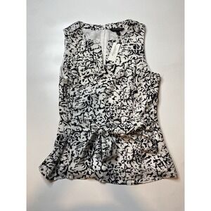 New Banana Women’s 4 Tie Front Abstract Sheer White Black Blouse Sleeveless